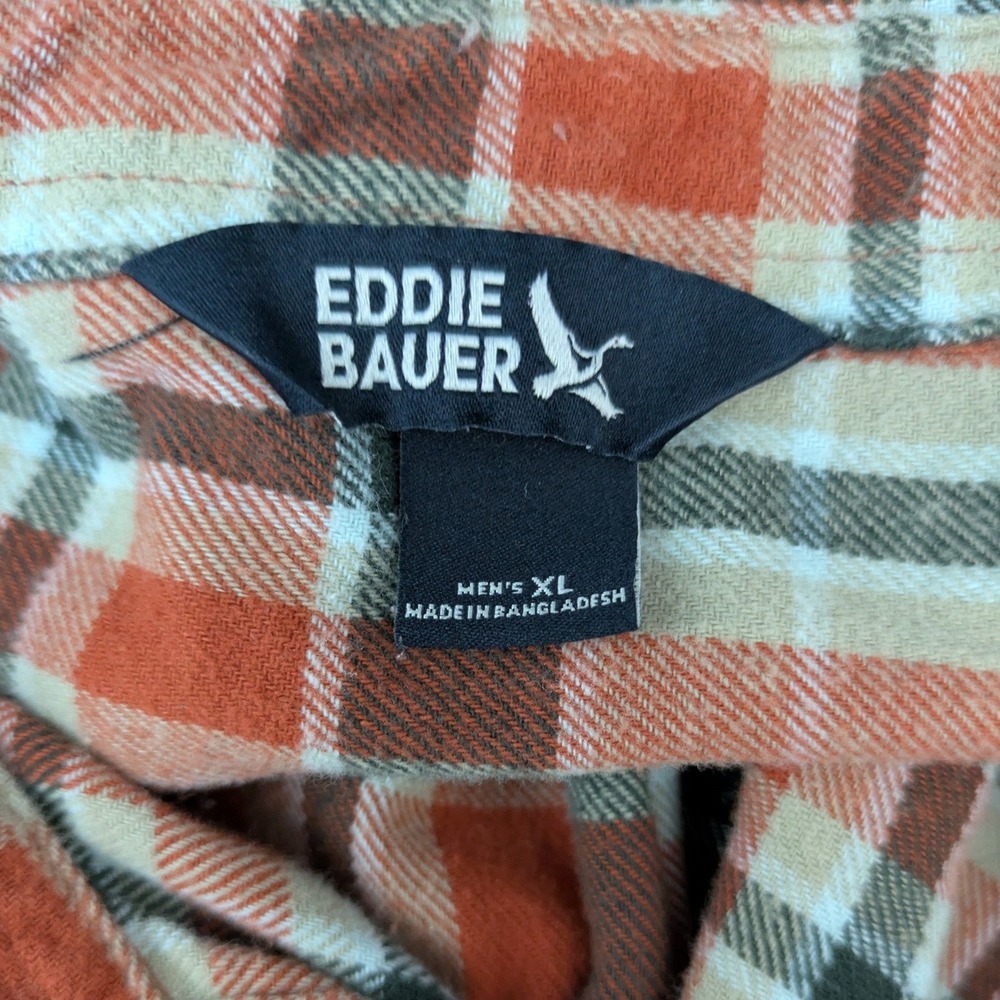 Eddie Bauer Men's Long Sleeve Orange Tan Plaid 100% Cotton Flannel Shirt Size XL - Picture 5 of 7